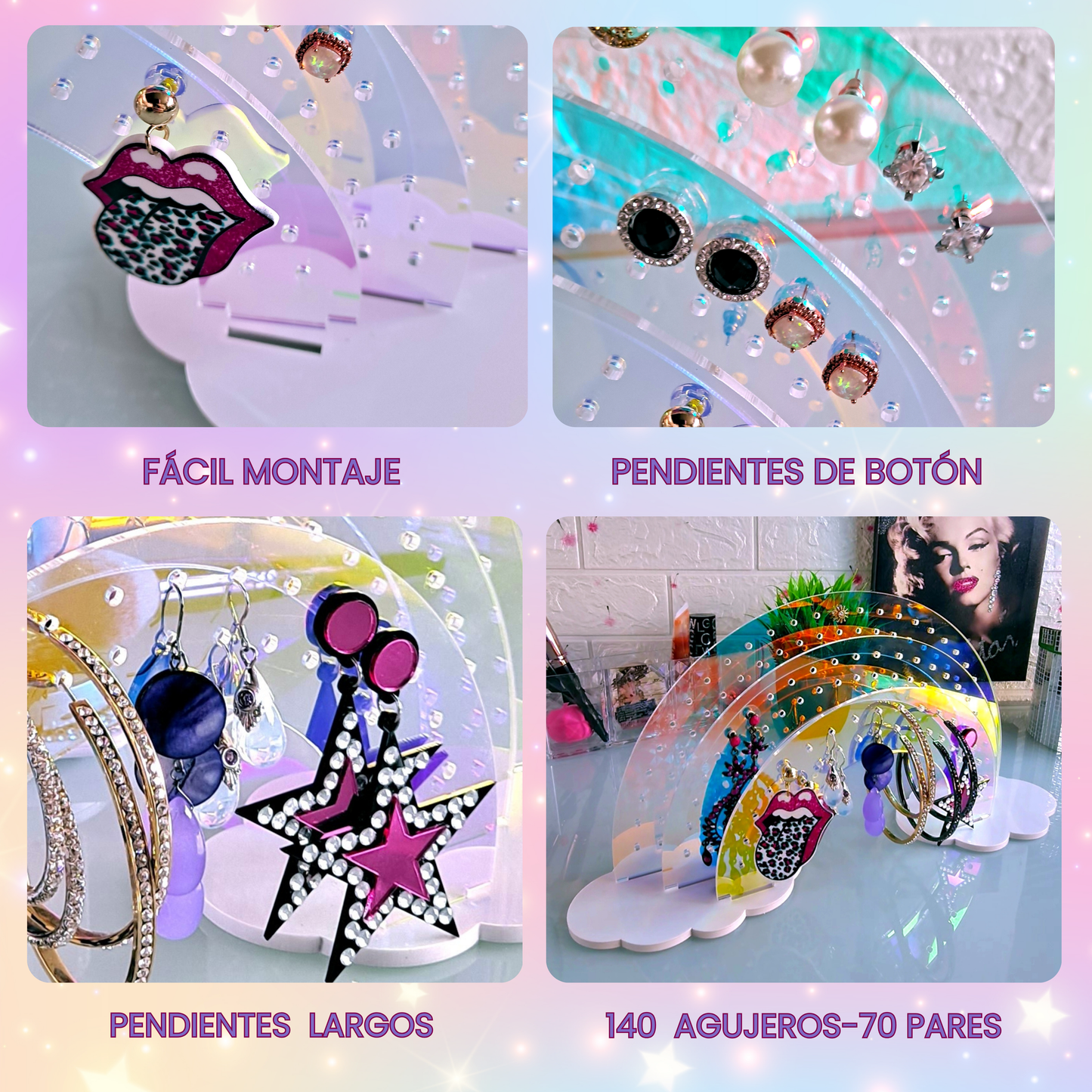 Organizador de Pendientes diseño Arcoíris iridiscente con Nubes